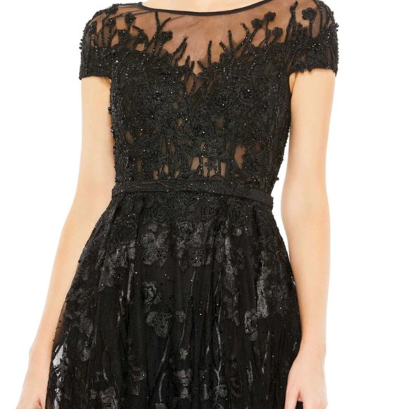 MAC DUGGAL EMBELLISHED FLORAL CAP SLEEVE A-LINE BLACK GOWN sz 16 - Picture 3 of 5